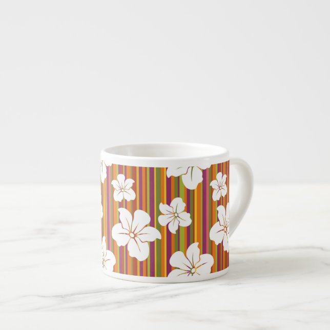 White flowers on a striped background espresso cup (Front Right)