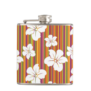 White flowers on a striped background hip flask