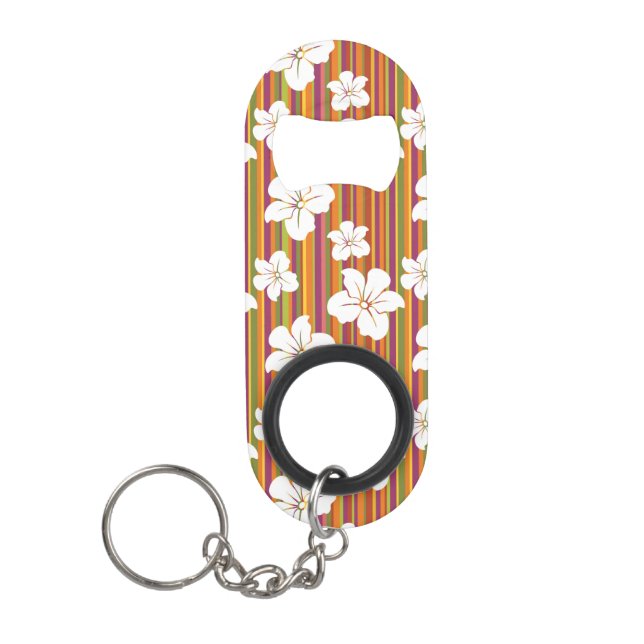 White flowers on a striped background keychain bottle opener (Front)