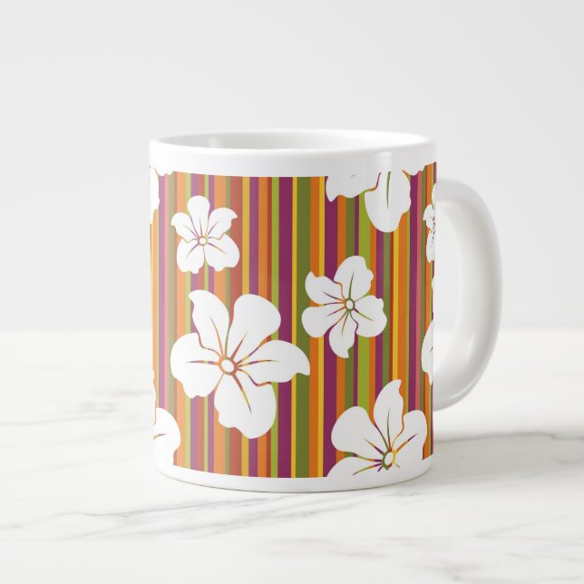 White flowers on a striped background large coffee mug (Front Right)