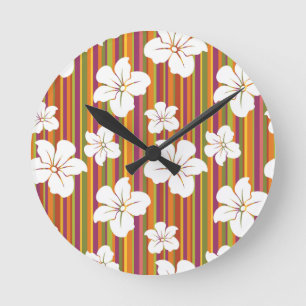 White flowers on a striped background round clock