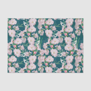White Flowers on a Teal Background Floral Pattern Tissue Paper