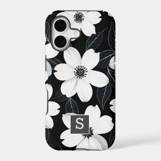 White flowers on Black Monogram Elegant