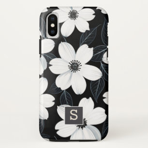 White flowers on Black Monogram Elegant Case-Mate iPhone Case