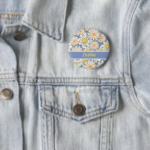 White flowers on blue 2 inch round button