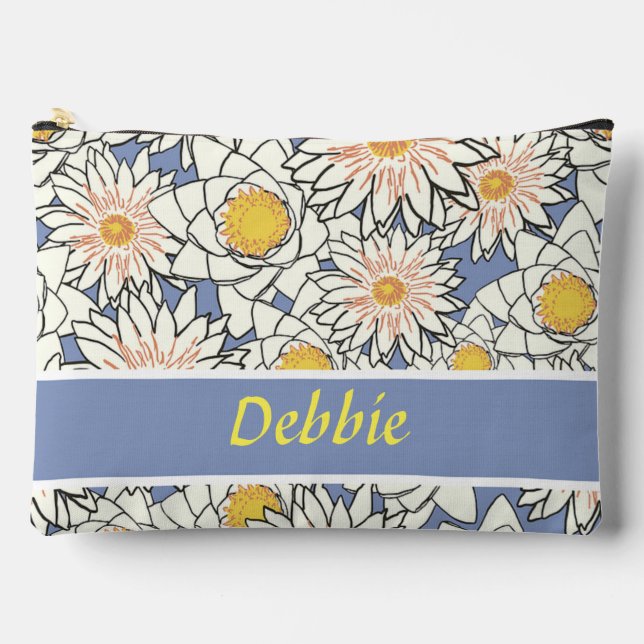 White flowers on blue accessory pouch (Front)