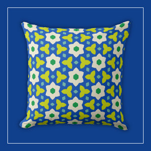 White Flowers on Blue and Green Geometric Floral Throw Pillow