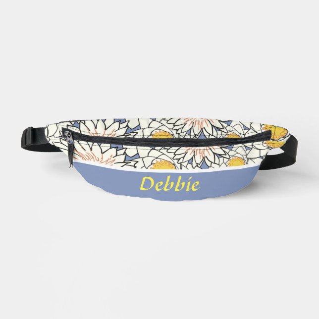 White flowers on blue fanny pack (Front)