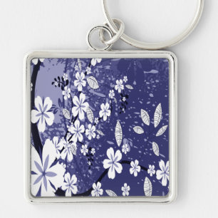 White Flowers on Blue Grunge Keychain