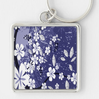 White Flowers on Blue Grunge Keychain