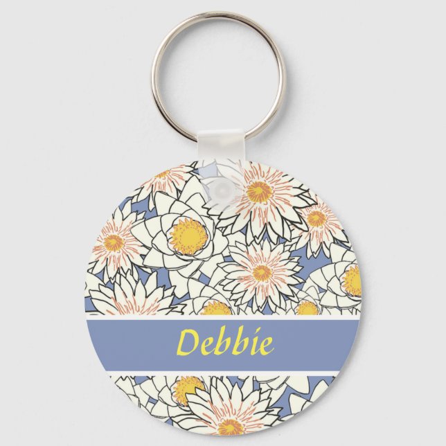 White flowers on blue keychain (Front)