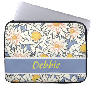 White flowers on blue laptop sleeve