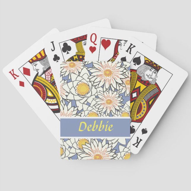 White flowers on blue playing cards (Back)