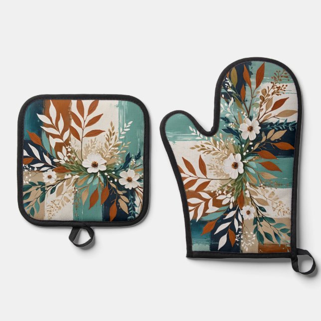 White flowers on colourful abstract background II Oven Mitt & Pot Holder Set (Front)