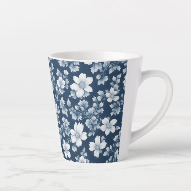 White Flowers on Dark Blue Latte Mug (Right)
