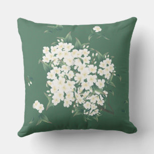 White Flowers on Dark Green Chinoiserie Pattern Throw Pillow