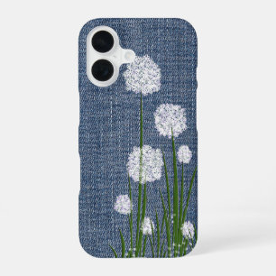 White Flowers on Denim iPhone 16 Case