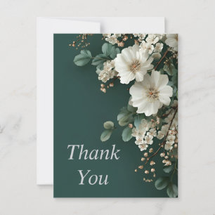 White Flowers on Forest Green Thank You Card