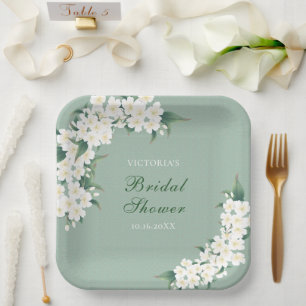White Flowers on Green Pattern Bridal Shower Paper Plate