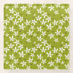 White Flowers on Green Pattern Retro Glass Coaster