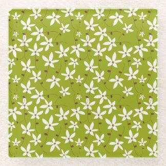 White Flowers on Green Pattern Retro Glass Coaster