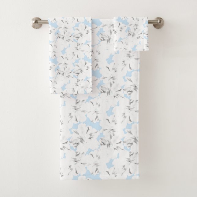 White flowers on light blue. bath towel set (Insitu)