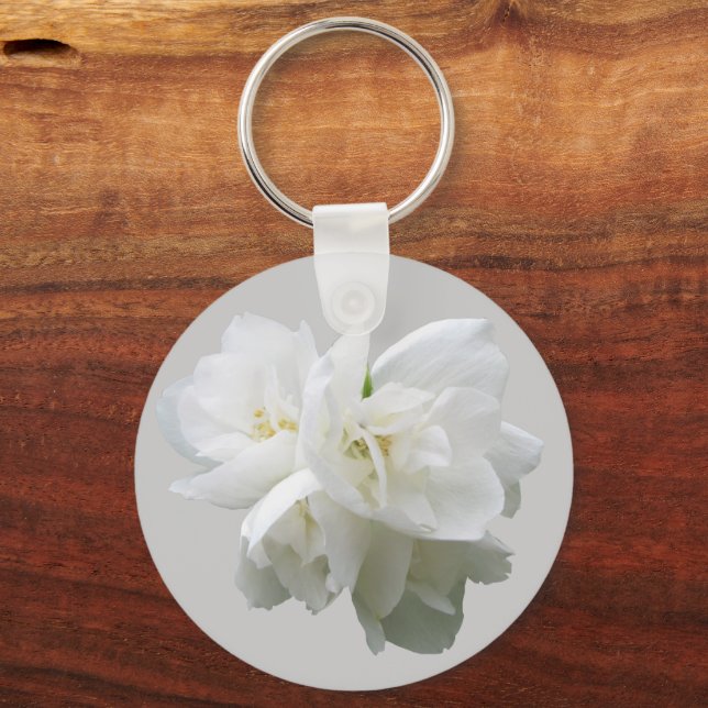White Flowers on Light Grey Background Keychain (Front)
