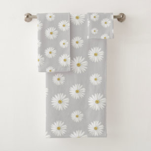 White Flowers on Light Grey Bath Towel Set