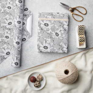 White flowers on light grey. wrapping paper