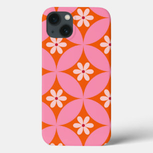 White Flowers on Mid Century Pink Circles Pattern  iPhone 13 Case