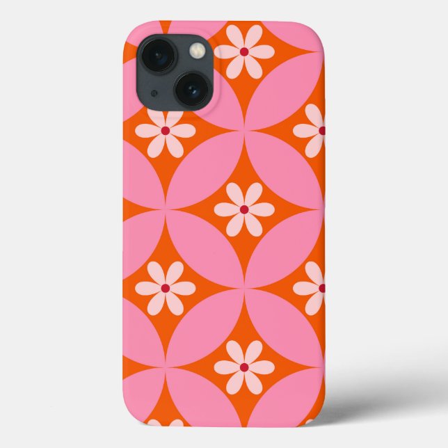 White Flowers on Mid Century Pink Circles Pattern  Case-Mate iPhone Case (Back)