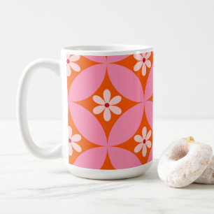 White Flowers on Mid Century Pink Circles Pattern Coffee Mug