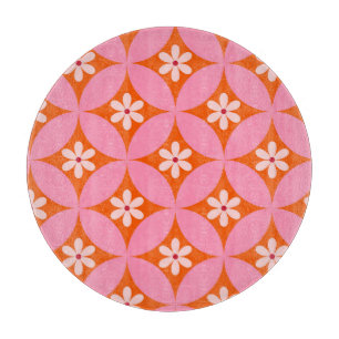 White Flowers on Mid Century Pink Circles Pattern  Cutting Board