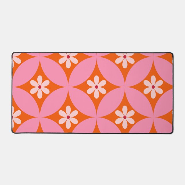 White Flowers on Mid Century Pink Circles Pattern  Desk Mat (Front)