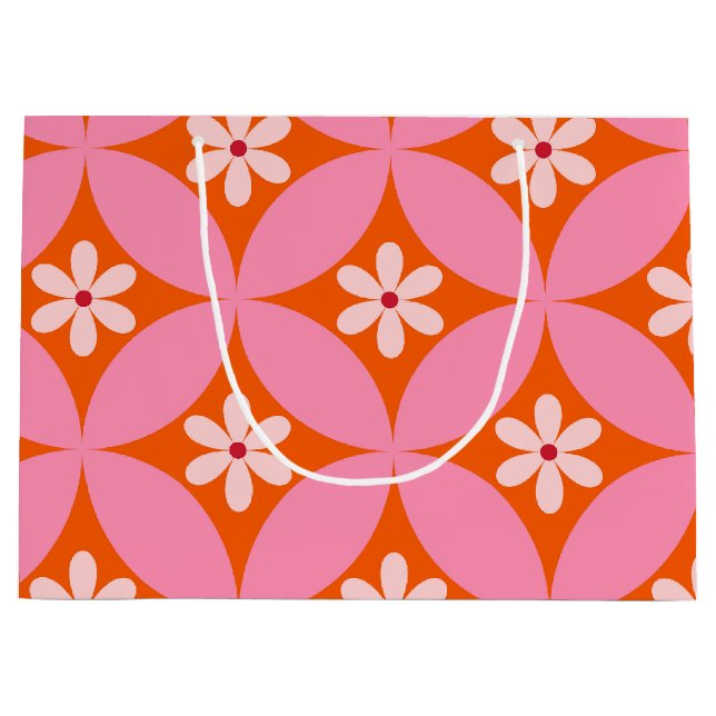 White Flowers on Mid Century Pink Circles Pattern  Large Gift Bag (Front)