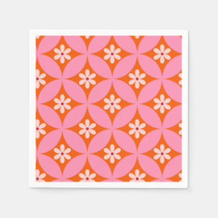 White Flowers on Mid Century Pink Circles Pattern  Napkin
