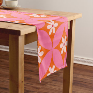 White Flowers on Mid Century Pink Circles Pattern  Short Table Runner