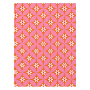 White Flowers on Mid Century Pink Circles Pattern  Tablecloth