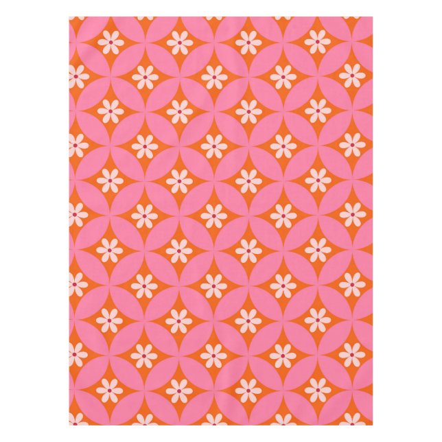 White Flowers on Mid Century Pink Circles Pattern  Tablecloth (Front)