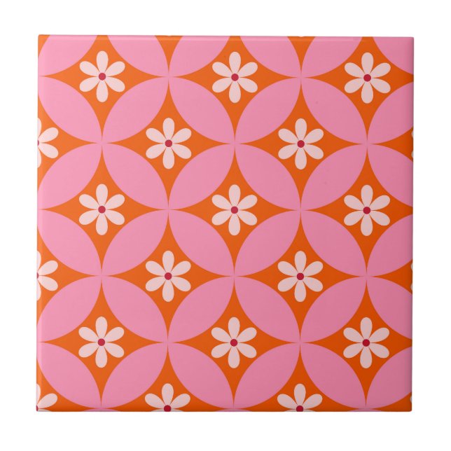 White Flowers on Mid Century Pink Circles Pattern  Tile (Front)