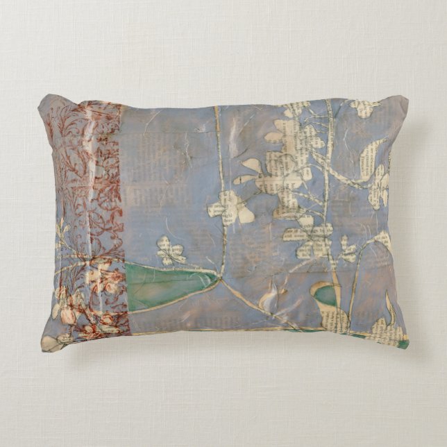 White Flowers on Newsprint Background Accent Pillow (Front)
