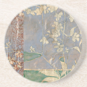 White Flowers on Newsprint Background Coaster