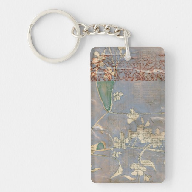 White Flowers on Newsprint Background Keychain (Front)