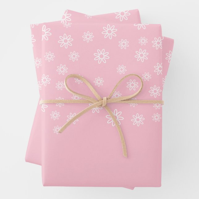 White Flowers on Pastel Pink Wrapping Paper Sheet (In situ)