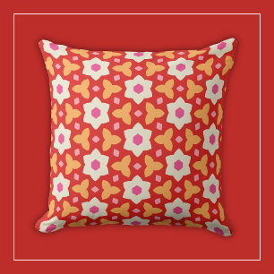 White Flowers on Red and Peach Geometric Floral Throw Pillow