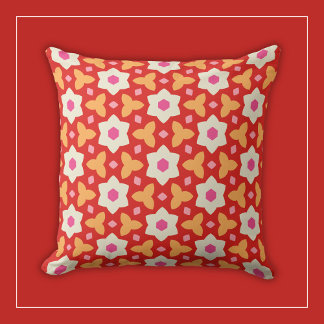 White Flowers on Red and Peach Geometric Floral Throw Pillow