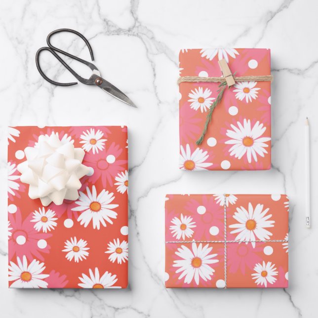 White flowers - orange field wrapping paper sheets (Front)