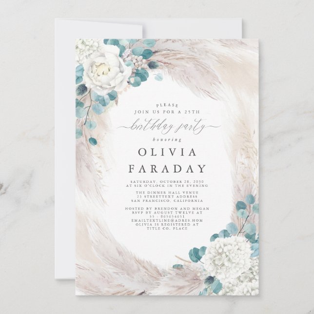 White Flowers Pampas Grass Birthday Invitation (Front)