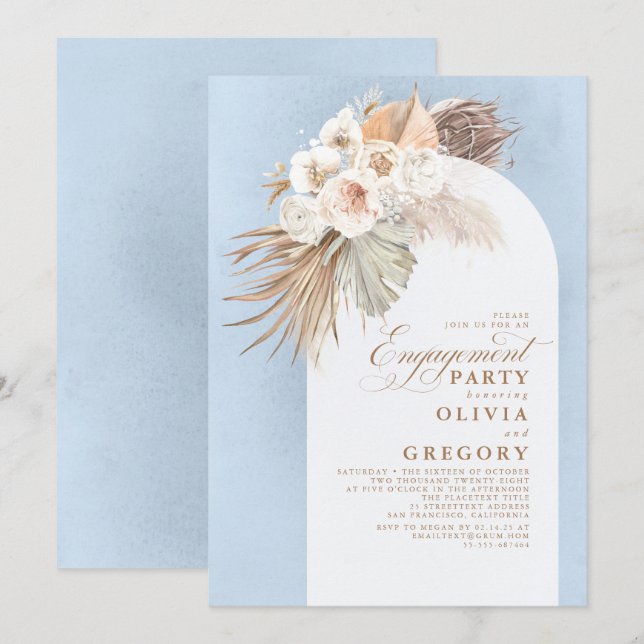 White Flowers Pampas Grass Boho Engagement Party Invitation (Front/Back)