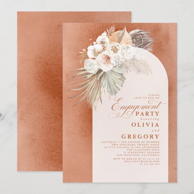 White Flowers Pampas Grass Boho Engagement Party Invitation (Front/Back)